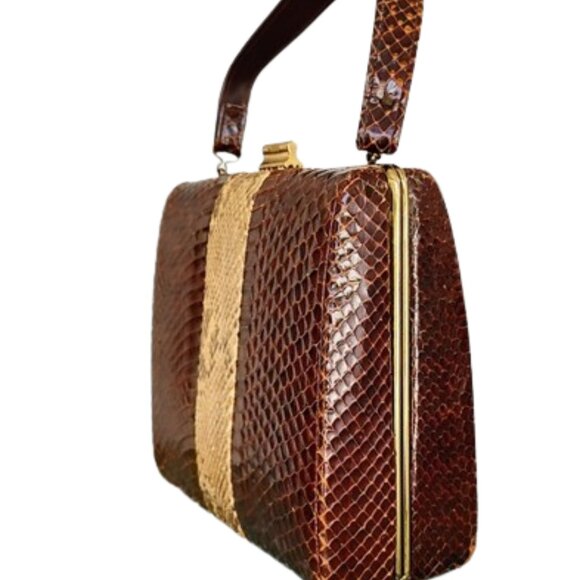 1950s Vintage Dark Brown Snakeskin Box Shape Handbag With Python Stripe Accent - Picture 3 of 6